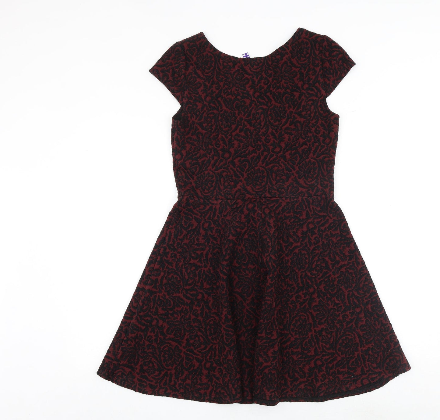 Henry Holland Womens Red Geometric Acrylic Fit & Flare Size 10 Boat Neck Zip - Cap Sleeve