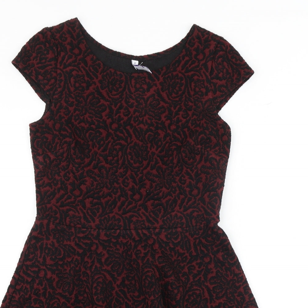 Henry Holland Womens Red Geometric Acrylic Fit & Flare Size 10 Boat Neck Zip - Cap Sleeve