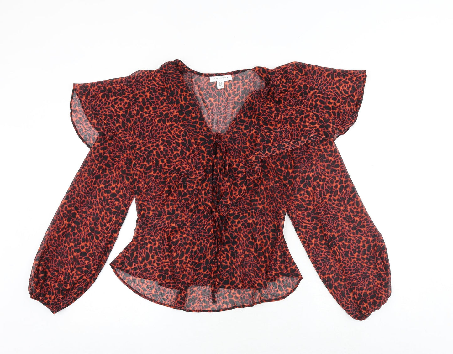 Topshop Womens Orange Animal Print Polyester Basic Blouse Size 8 V-Neck