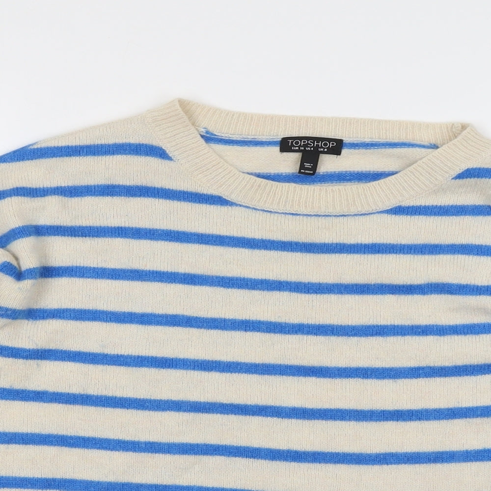 Topshop Womens Beige Round Neck Striped Angora Pullover Jumper Size 8