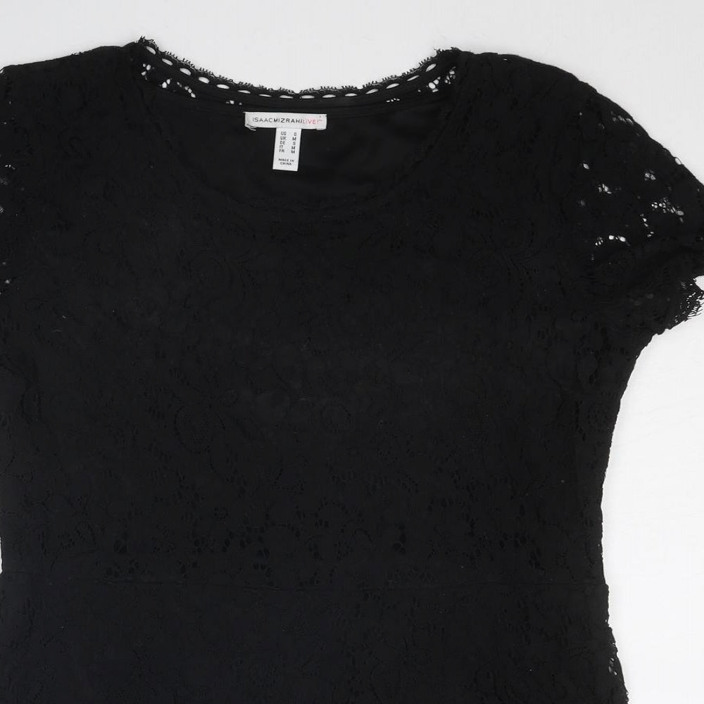 ISSAC MIZRAH Womens Black Cotton Basic Blouse Size M Boat Neck