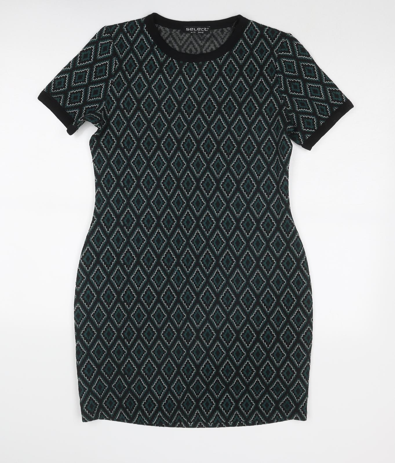Select Womens Green Geometric Polyester A-Line Size 14 Round Neck Pullover