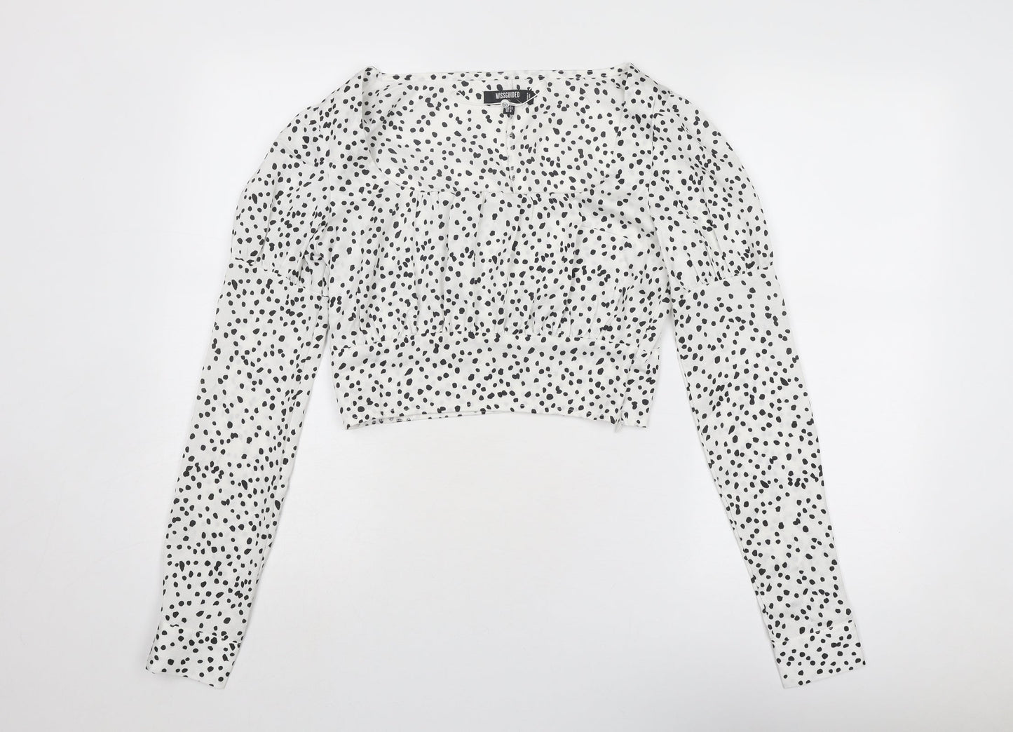Missguided Womens White Animal Print Polyester Cropped Blouse Size 8 Scoop Neck - Spotted