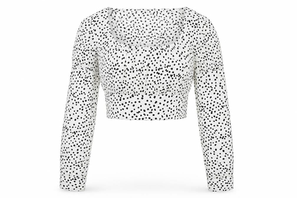 Front view of Missguided women’s white animal print polyester cropped blouse, size UK 8, scoop neck - spotted