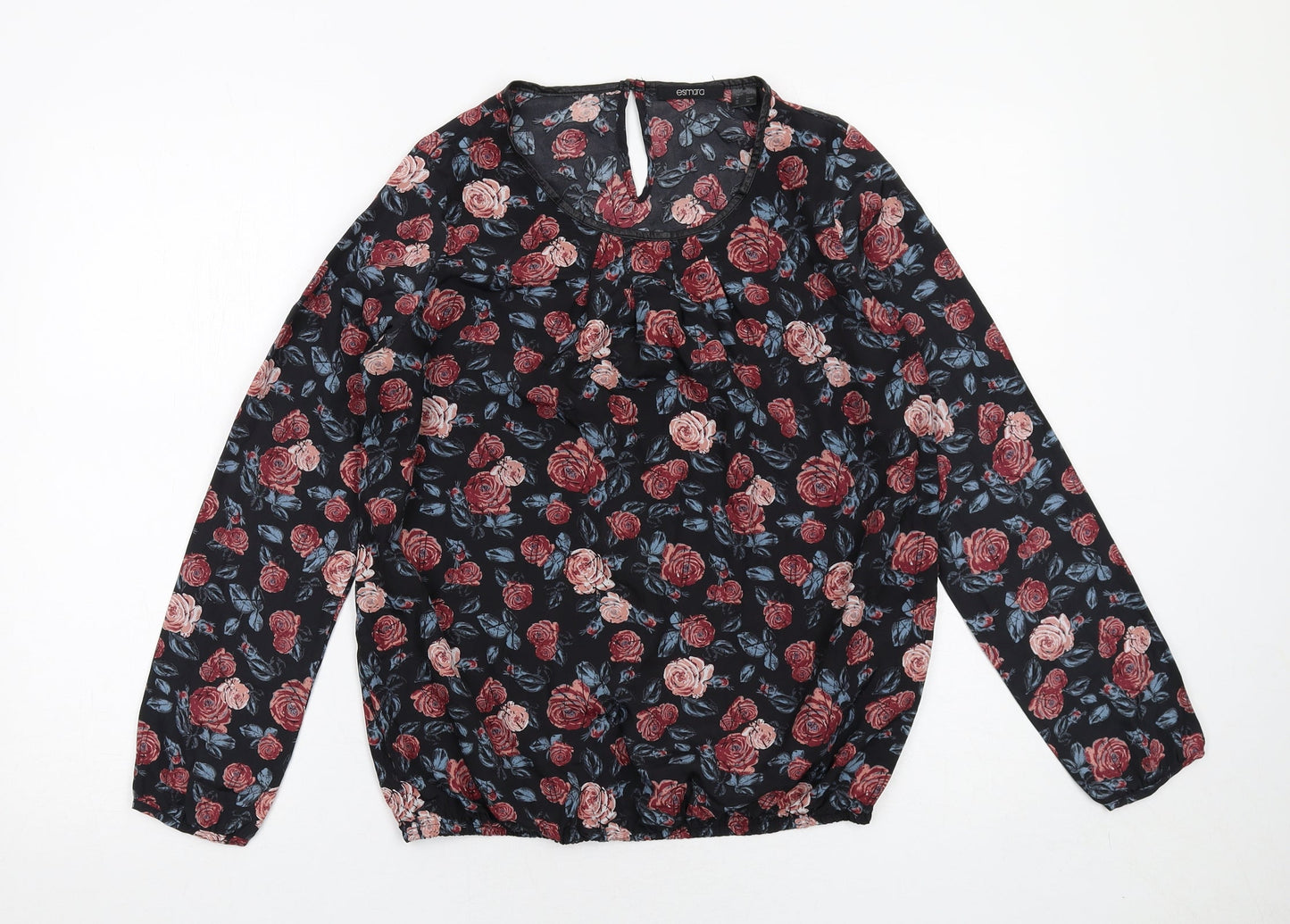 ESMARA Womens Black Floral Polyester Basic Blouse Size 12 Round Neck