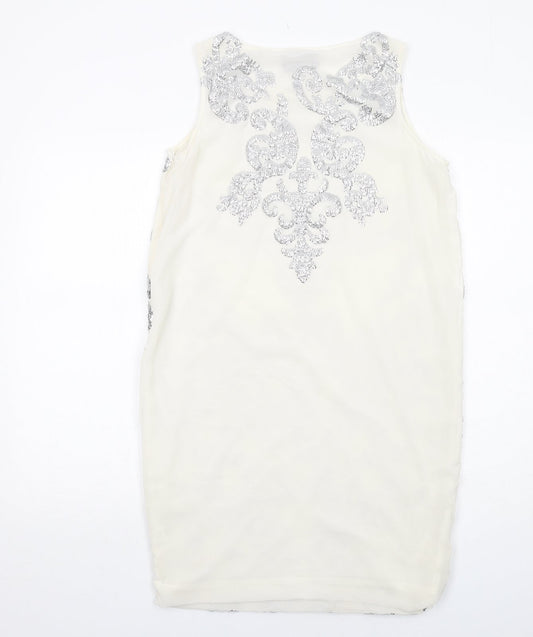 River Island Womens Ivory Geometric Polyester Shift Size 10 Boat Neck Zip - Embellished