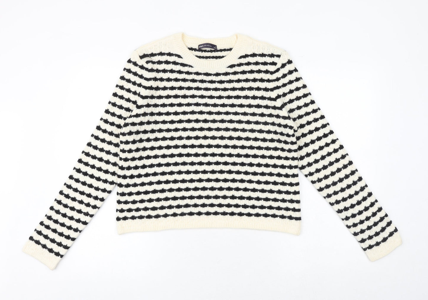 Marks and Spencer Womens Black Round Neck Striped Acrylic Pullover Jumper Size M