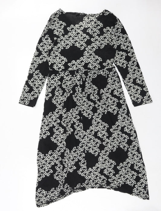 FLOWER Womens Black Geometric Polyester Trapeze & Swing Size 12 V-Neck Pullover