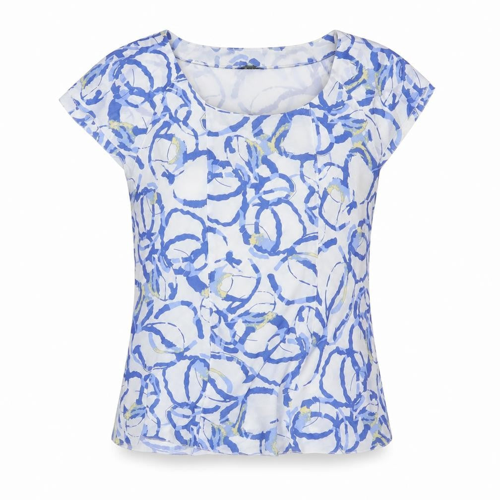 Front view of Alexara women’s blue geometric polyester basic blouse, size UK 14, boat neck