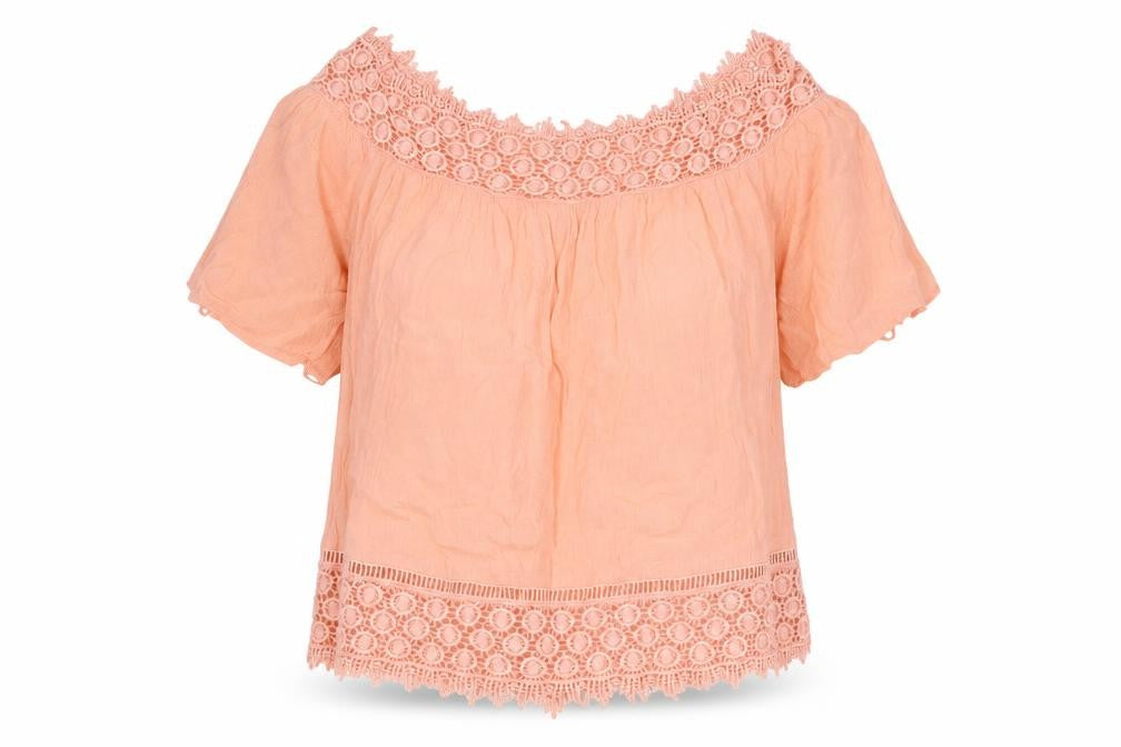 Front view of Miss Selfridge women’s pink viscose basic blouse, size UK 12, boat neck