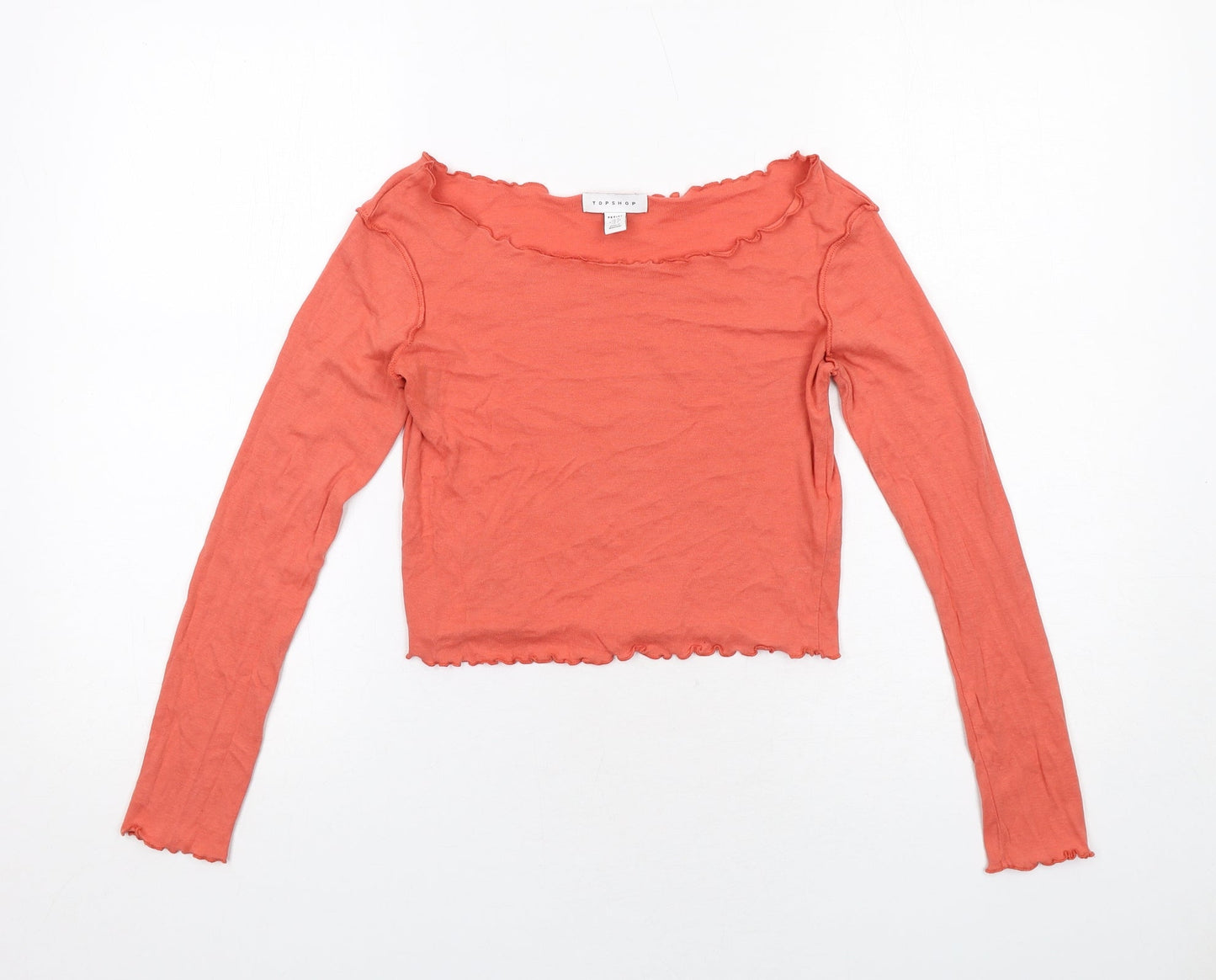 Topshop Womens Orange Cotton Basic T-Shirt Size 8 Boat Neck - Lettuce Hem