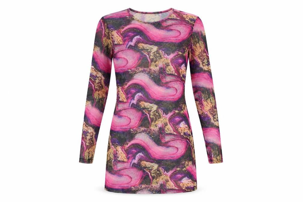 Front view of Missguided women’s multicoloured geometric polyester bodycon, size UK 10, round neck pullover
