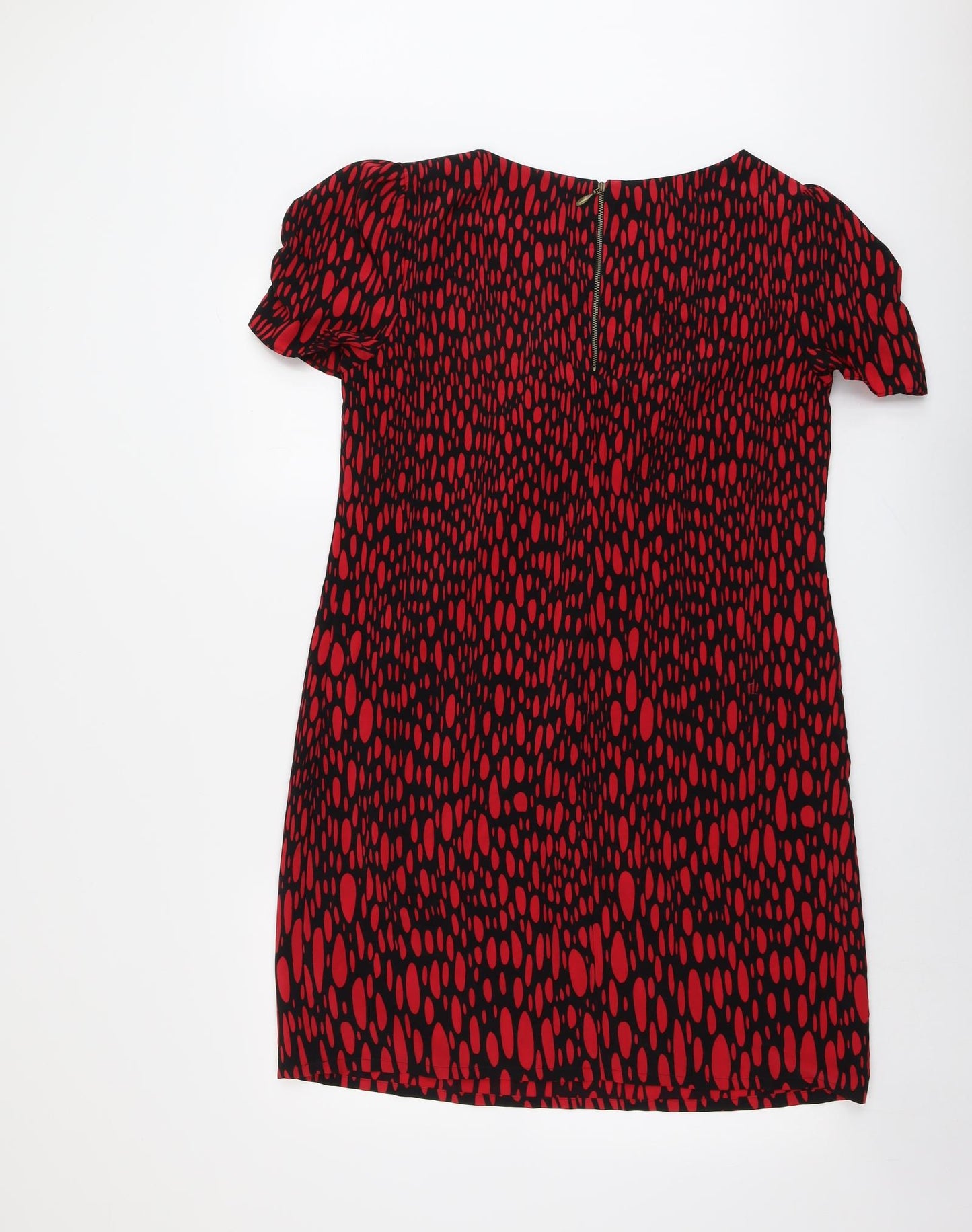 Marks and Spencer Womens Red Geometric Polyester Sheath Size 14 Boat Neck Zip