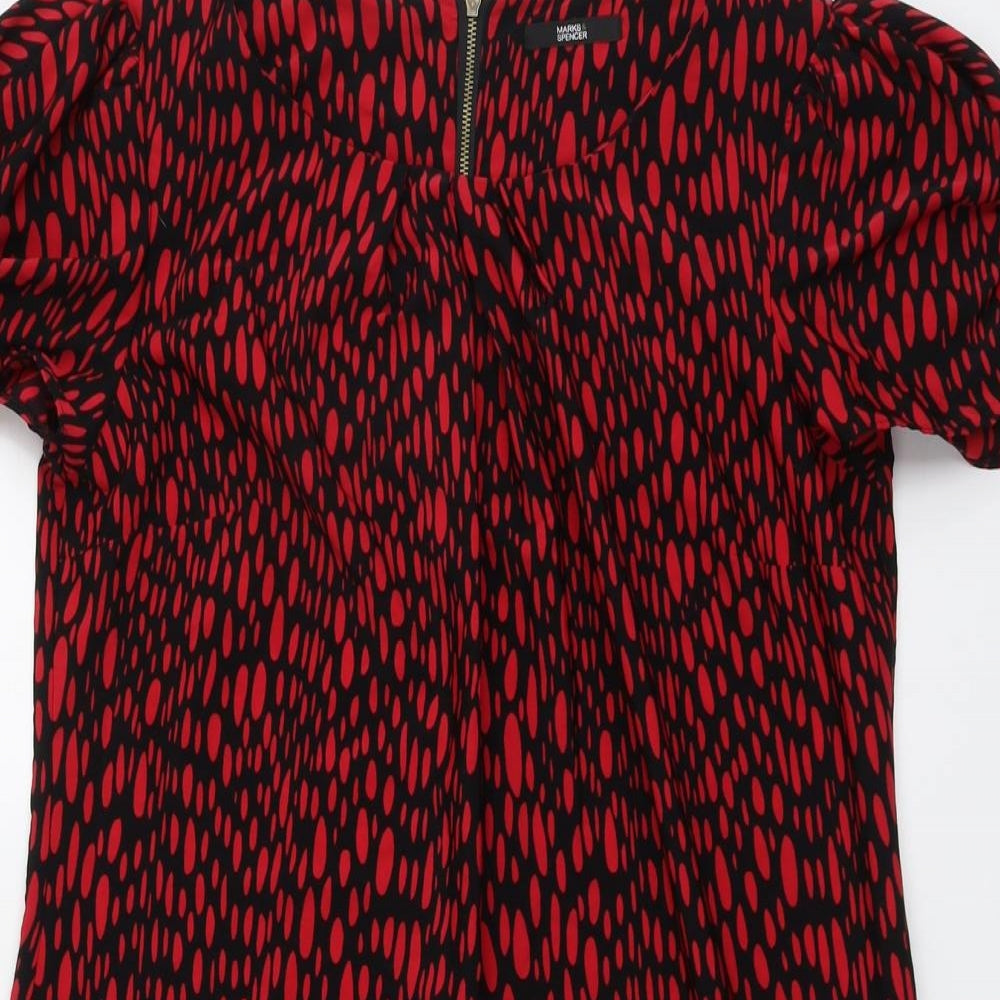 Marks and Spencer Womens Red Geometric Polyester Sheath Size 14 Boat Neck Zip