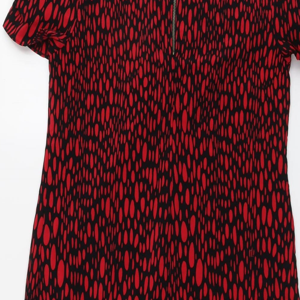 Marks and Spencer Womens Red Geometric Polyester Sheath Size 14 Boat Neck Zip