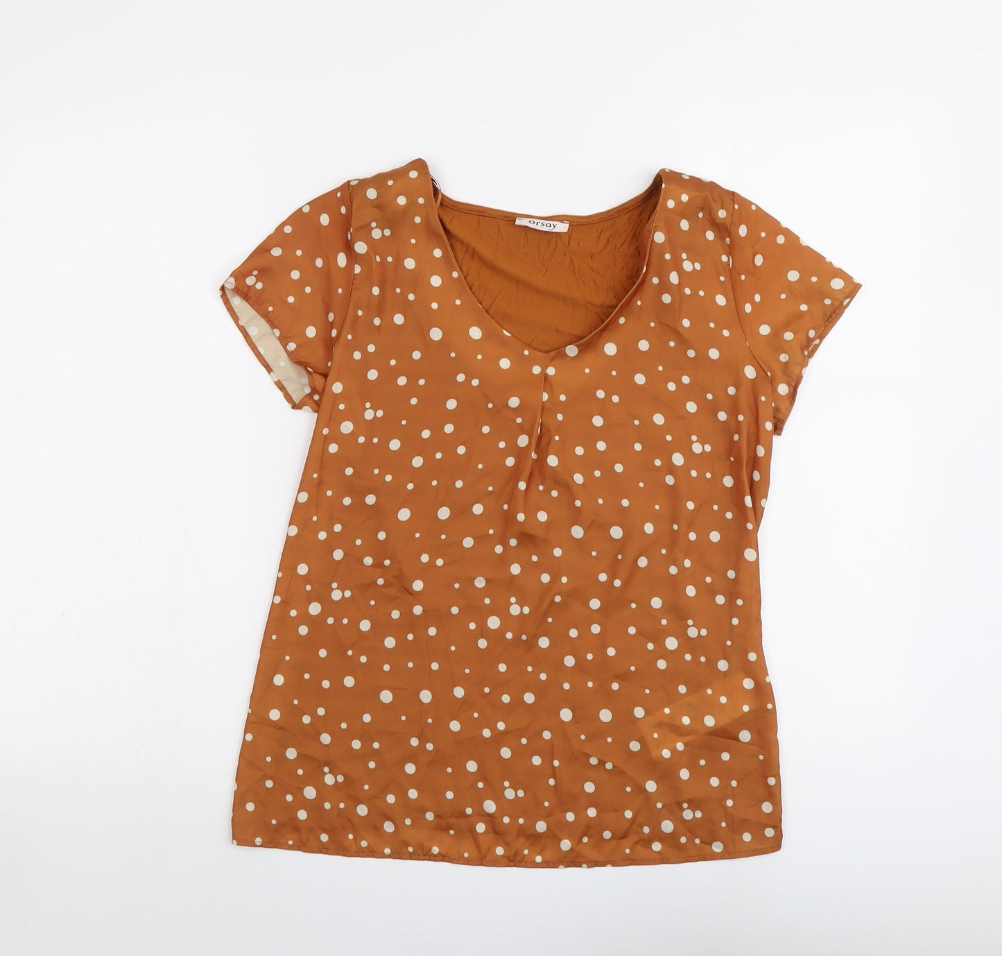 ORSAY Womens Brown Polka Dot Polyester Basic T-Shirt Size S Scoop Neck