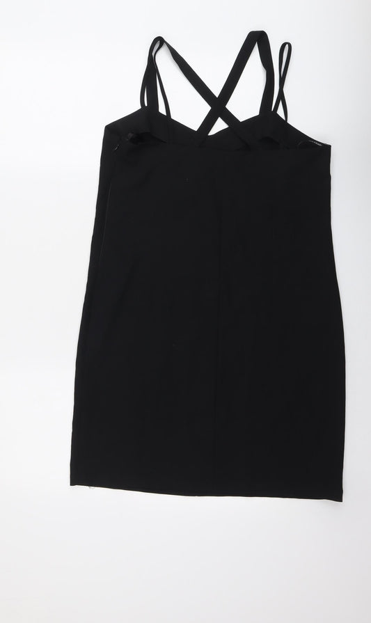 Warehouse Womens Black Polyester Mini Size 10 V-Neck Zip - Double Strap