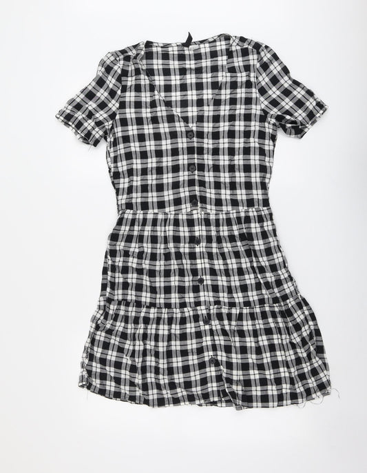 H&M Womens Black Plaid Viscose A-Line Size 6 V-Neck Button - Tiered