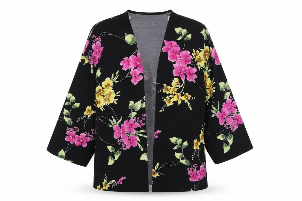 Attitudes Womens Black Floral Polyester Kimono Blouse Size M V-Neck