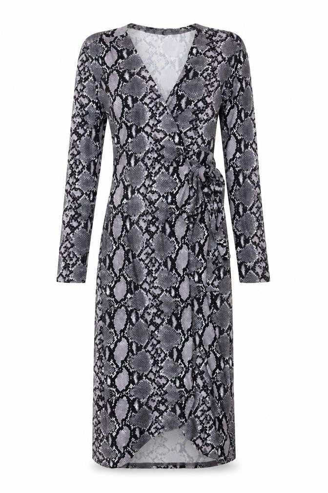 New Look Womens Grey Animal Print Polyester Wrap Dress Size 6 V-Neck Tie - Snake Print