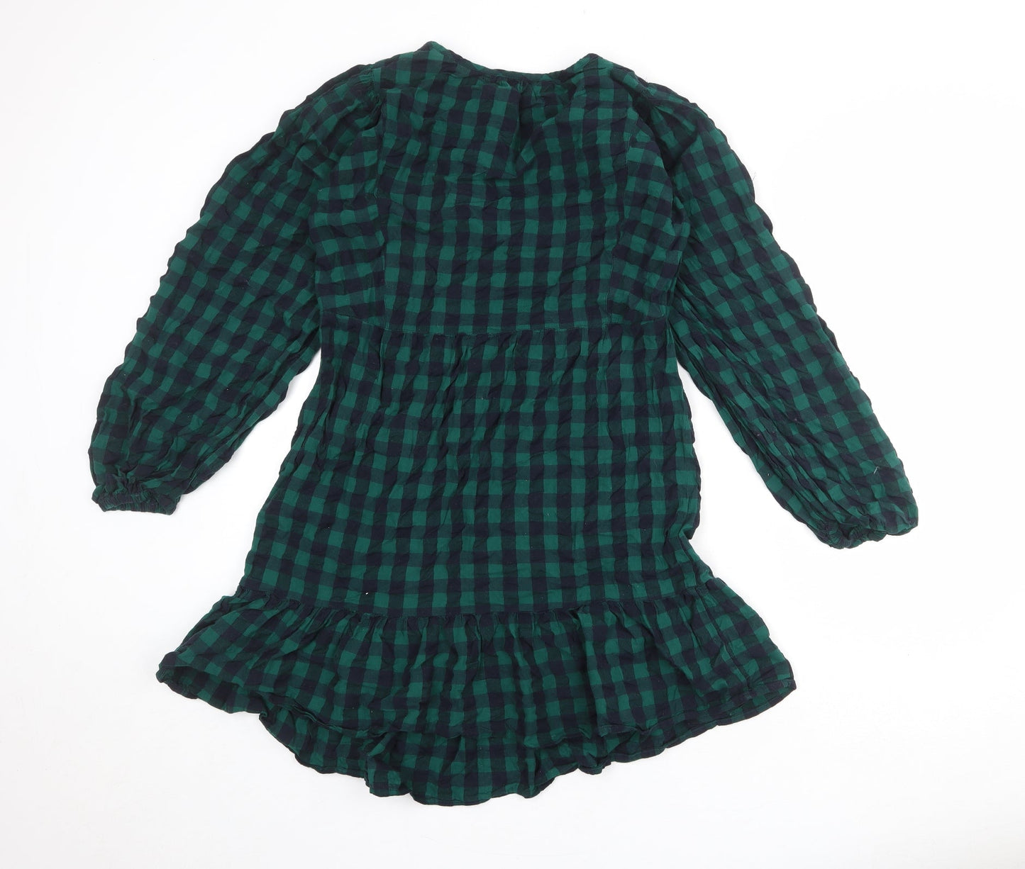 Marks and Spencer Womens Green Check 100% Cotton A-Line Size 8 Round Neck Button