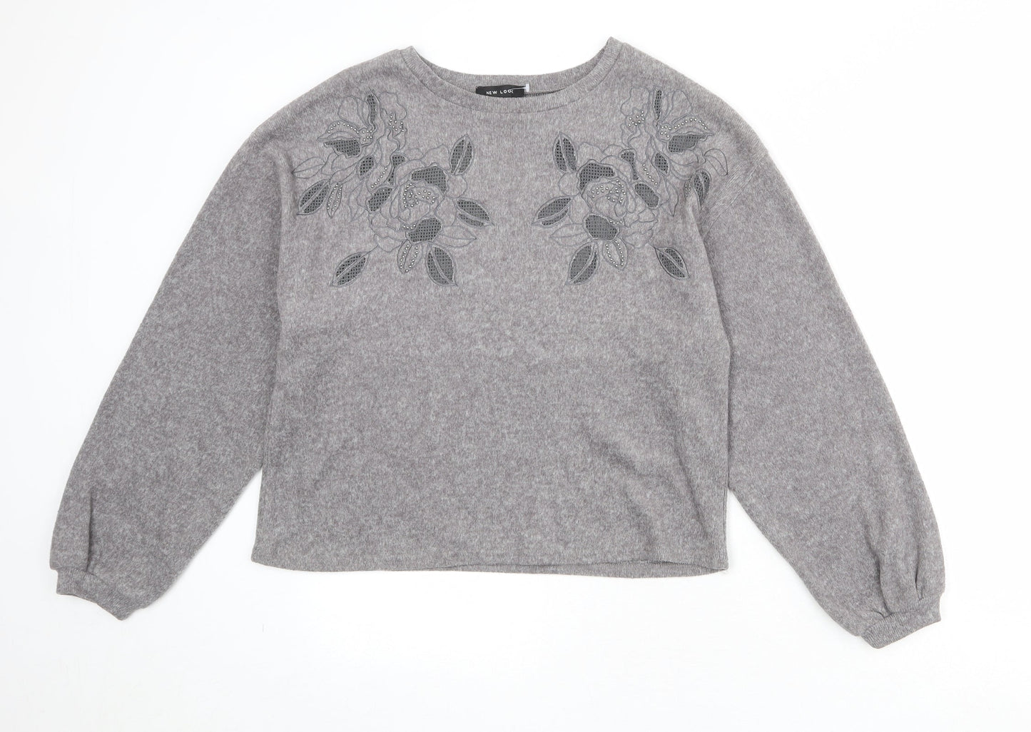 New Look Womens Grey Polyester Pullover Sweatshirt Size S Pullover - Flower Detail