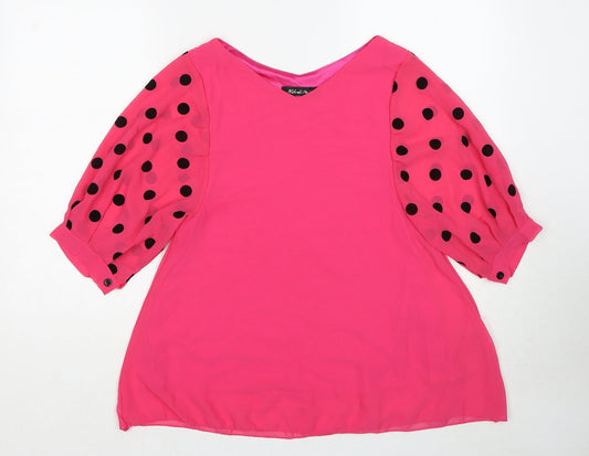 Niahi Fashion Womens Pink Polyester Basic Blouse Size M V-Neck
