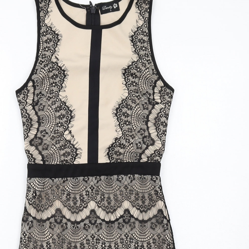 Danity Womens Black Polyester Pencil Dress Size S Boat Neck Zip - Lace Overlay
