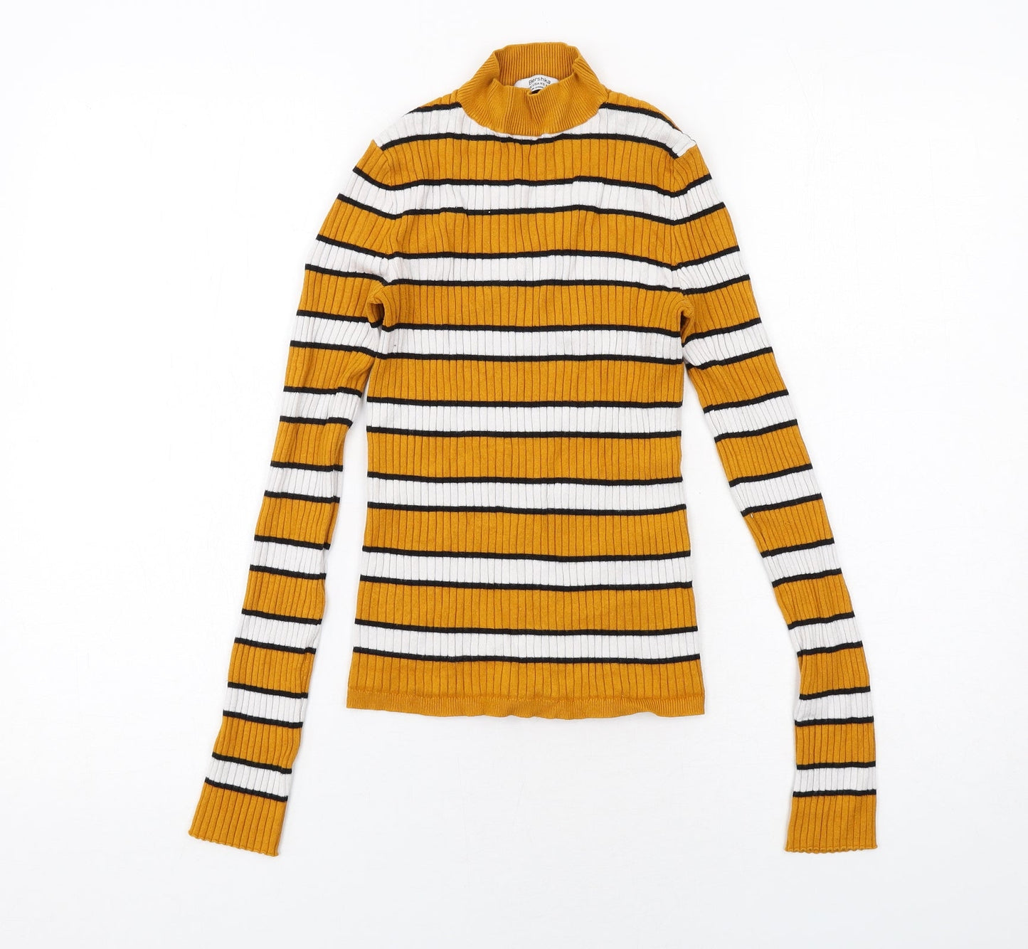 Bershka Womens Yellow Mock Neck Striped Acrylic Pullover Jumper Size XS Pullover