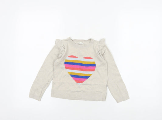 Gap Girls Beige Round Neck Cotton Pullover Jumper Size 5 Years Pullover - Heart