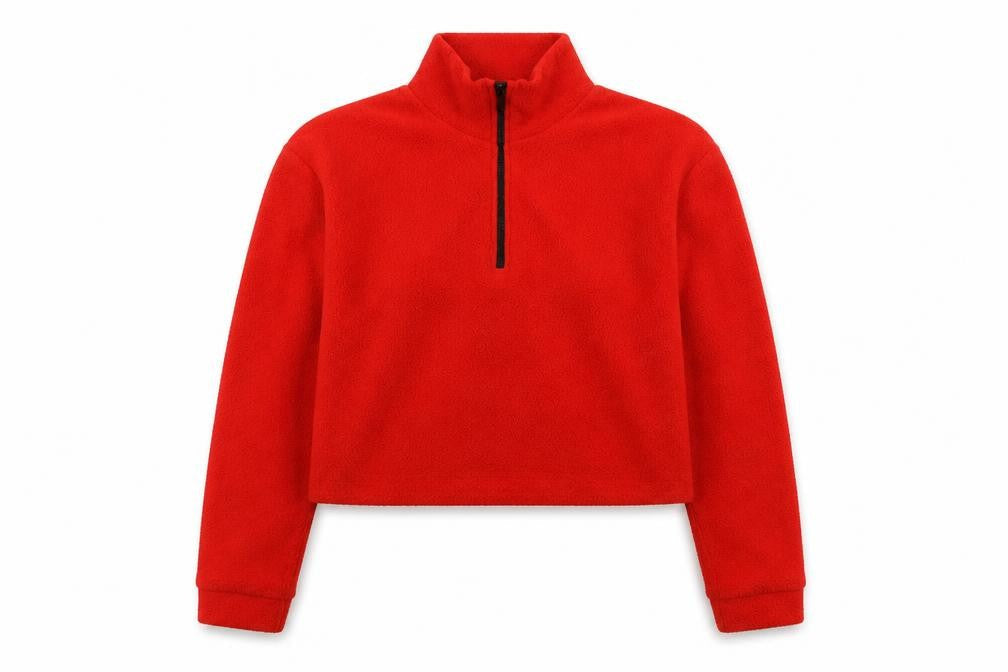Front view of BDG women’s red polyester pullover sweatshirt, size S, zip
