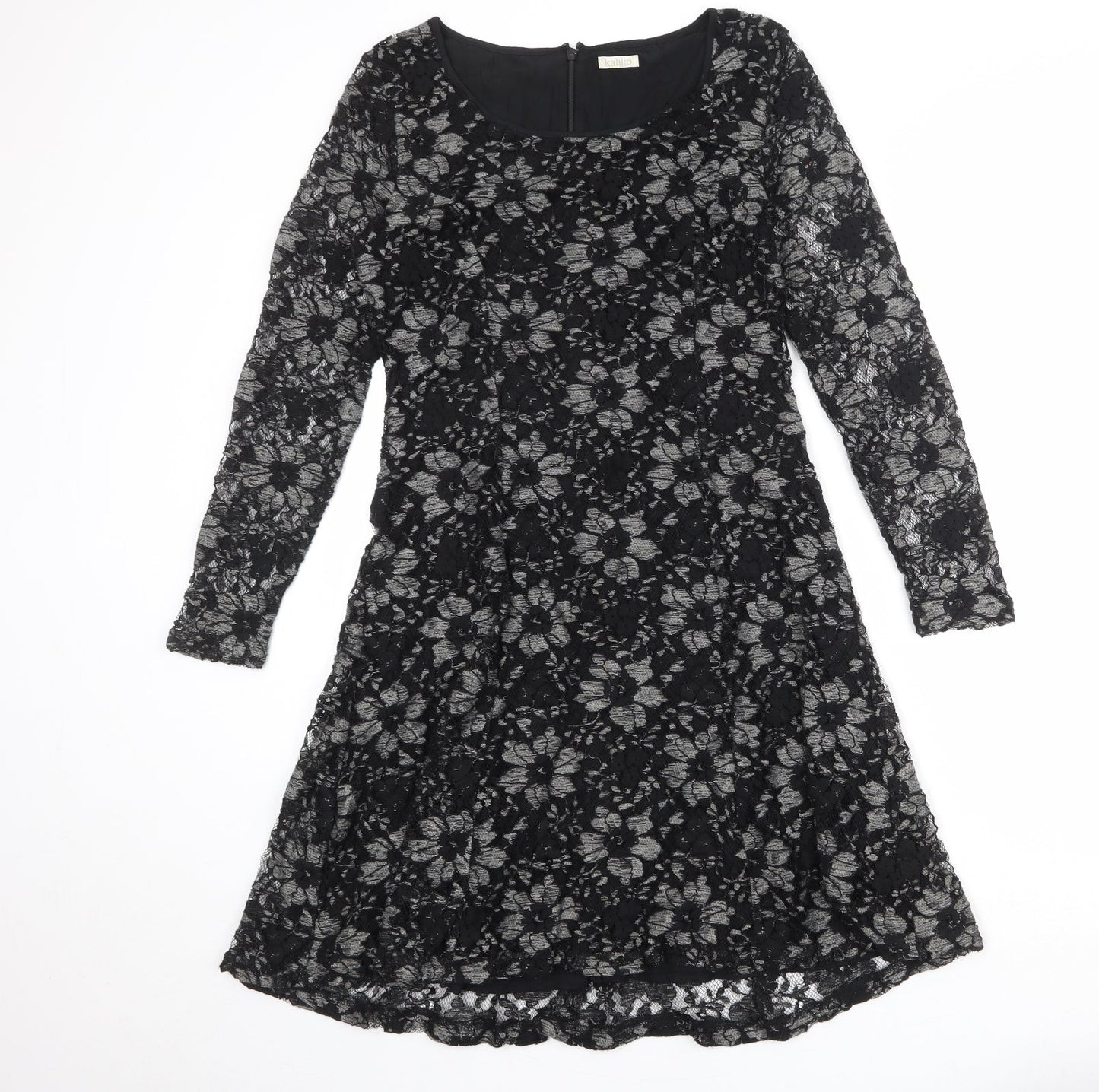 Kaliko Womens Black Floral Polyester A-Line Size 12 Boat Neck Zip