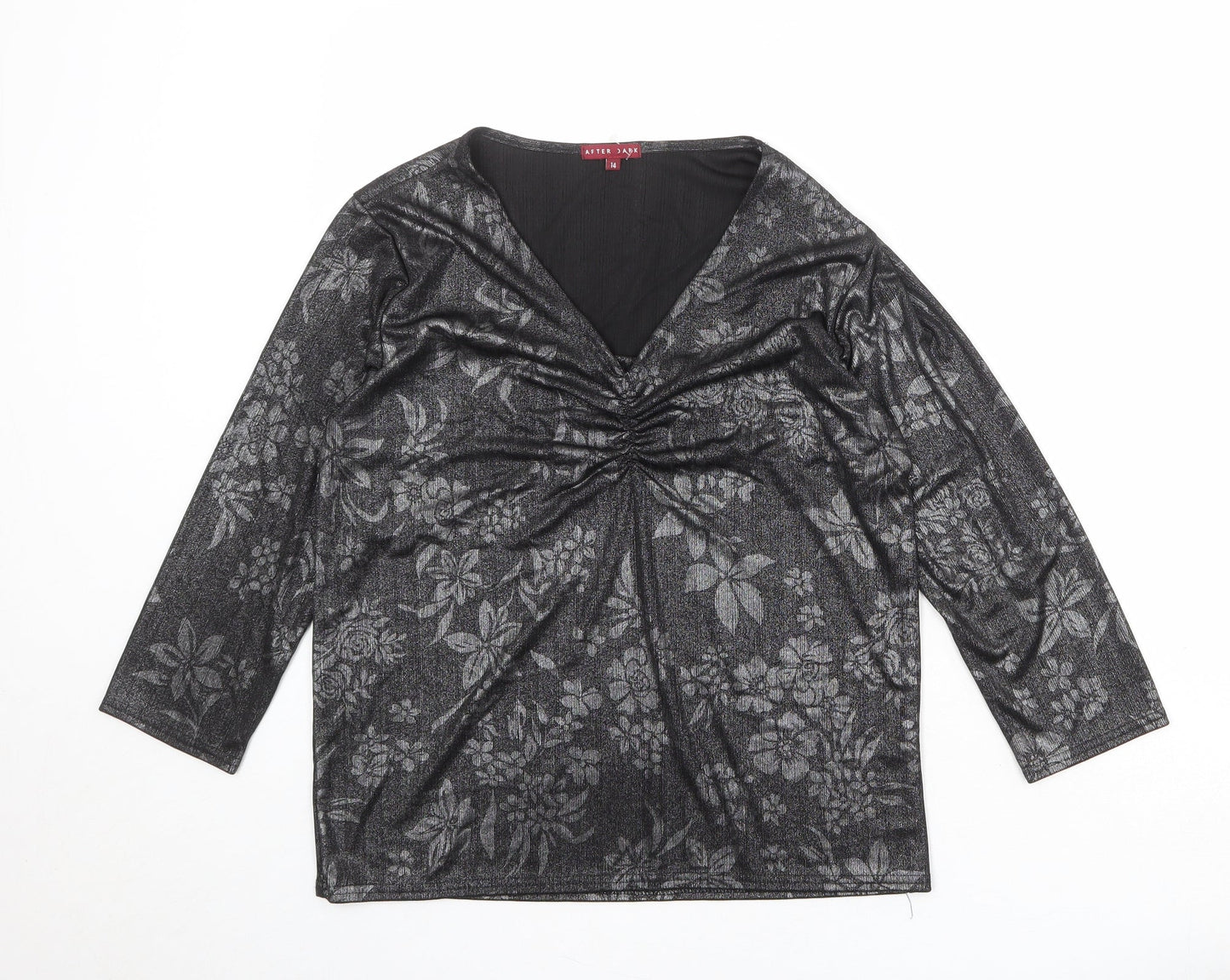 After Dark Womens Black Geometric Polyester Basic Blouse Size 14 V-Neck