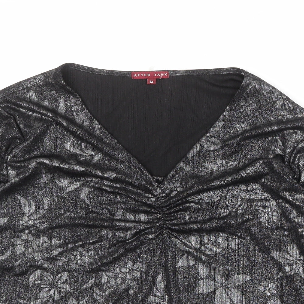 After Dark Womens Black Geometric Polyester Basic Blouse Size 14 V-Neck