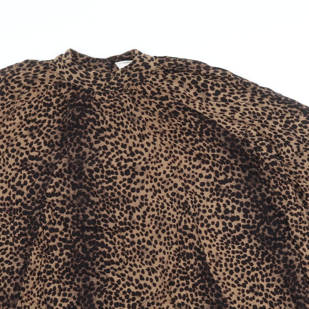 H&M Womens Brown Animal Print Viscose Trapeze & Swing Size 12 Mock Neck Button