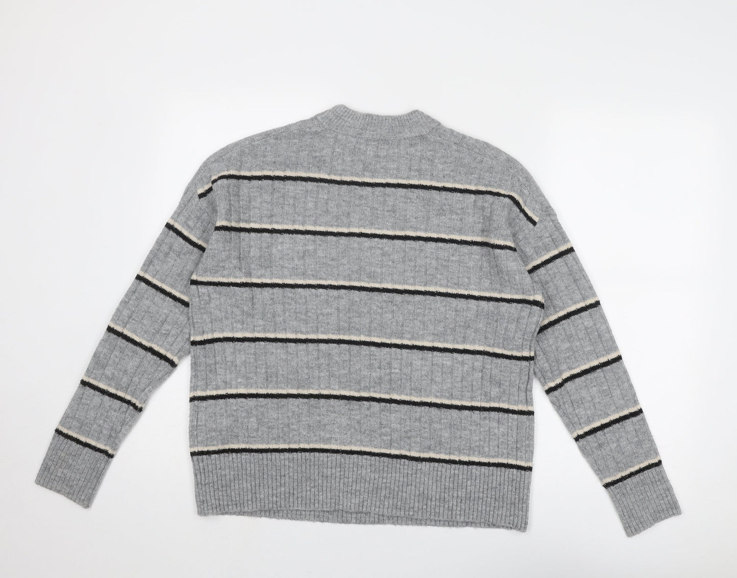 Warehouse Womens Grey Round Neck Striped Acrylic Pullover Jumper Size 6