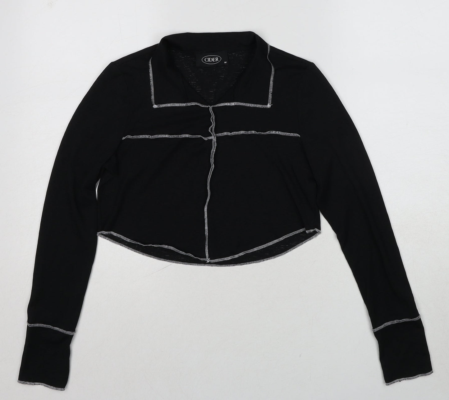 Cider Womens Black Polyester Cropped Blouse Size M Collared - Contrast Stitching