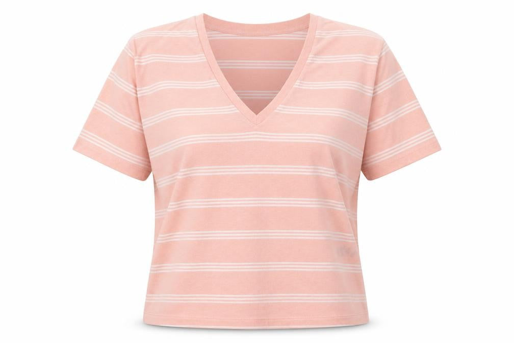 Front view of ASOS women’s pink striped polyester basic t-shirt, size UK 8, v-neck