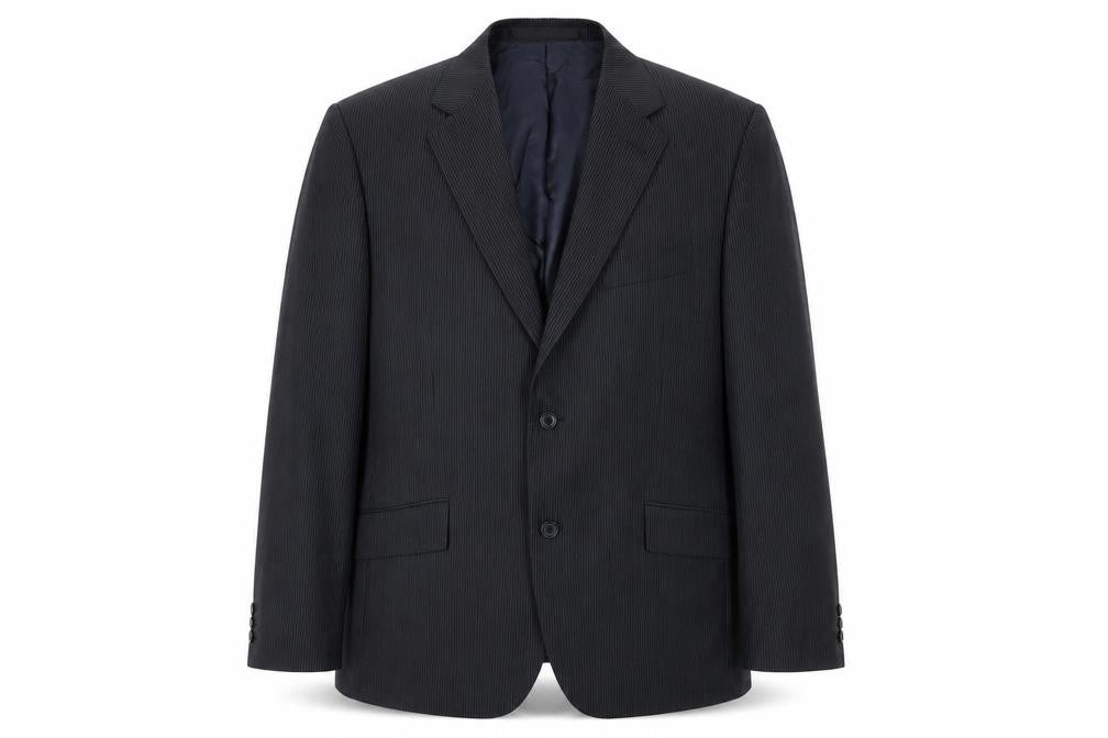 Front view of Autograph men’s blue striped polyester jacket suit jacket, size 42, regular