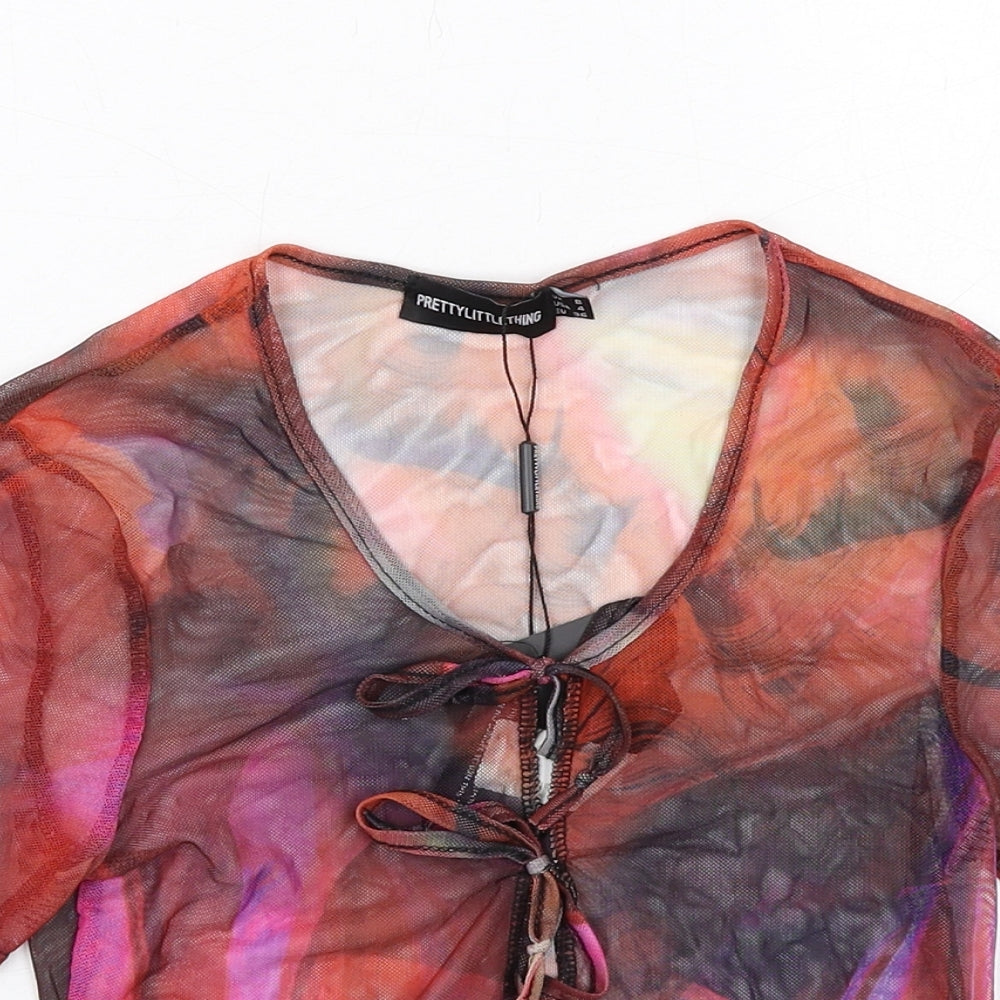 PRETTYLITTLETHING Womens Multicoloured Geometric Polyester Basic T-Shirt Size 8 Round Neck