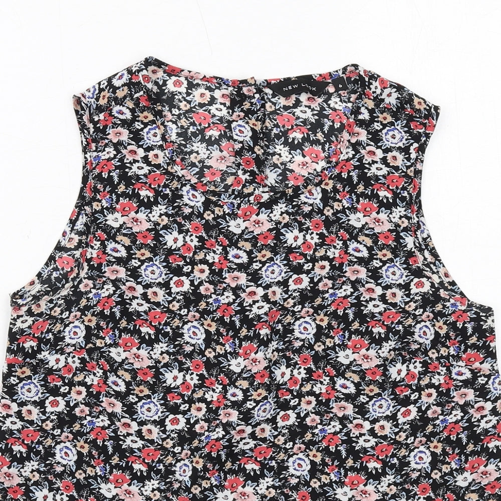 New Look Womens Black Floral Polyester Basic Tank Size 6 V-Neck