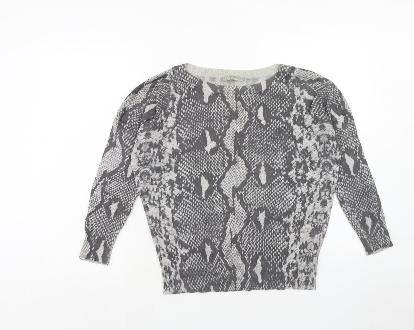 Marks and Spencer Womens Grey Round Neck Animal Print Viscose Pullover Jumper Size 10 - Snakeskin Pattern