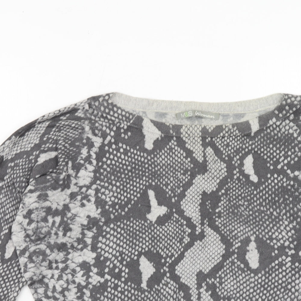 Marks and Spencer Womens Grey Round Neck Animal Print Viscose Pullover Jumper Size 10 - Snakeskin Pattern