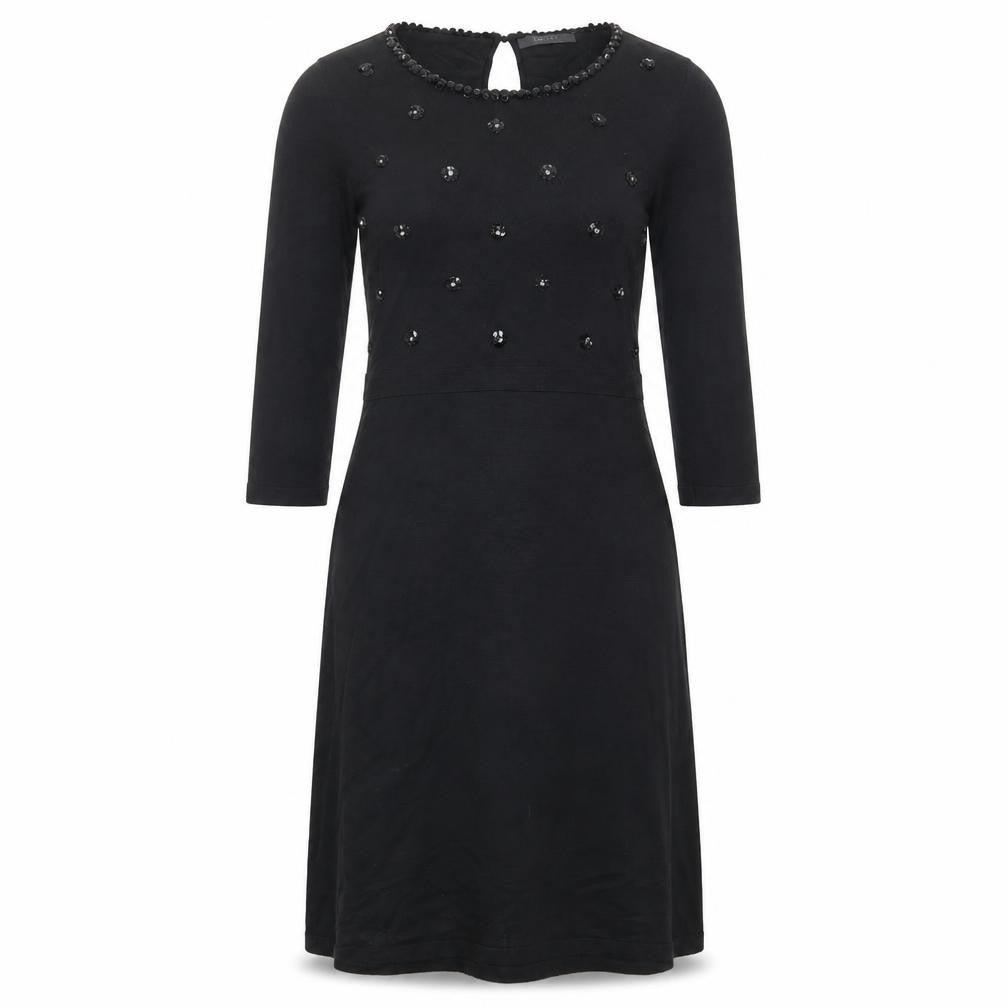 Front view of ESPRIT women’s black viscose a-line, size M, round neck button