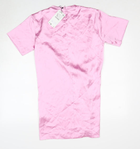 Zara Womens Pink Polyester T-Shirt Dress Size S Round Neck Zip - Twist Detail