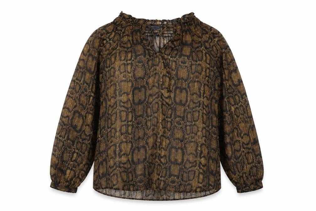Marks and Spencer Womens Brown Animal Print Polyester Basic Blouse Size 8 V-Neck - Snakeskin Pattern