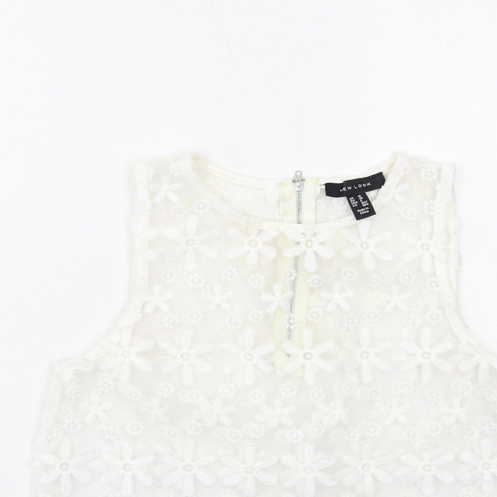New Look Womens White Floral Polyester Basic Tank Size 10 Round Neck
