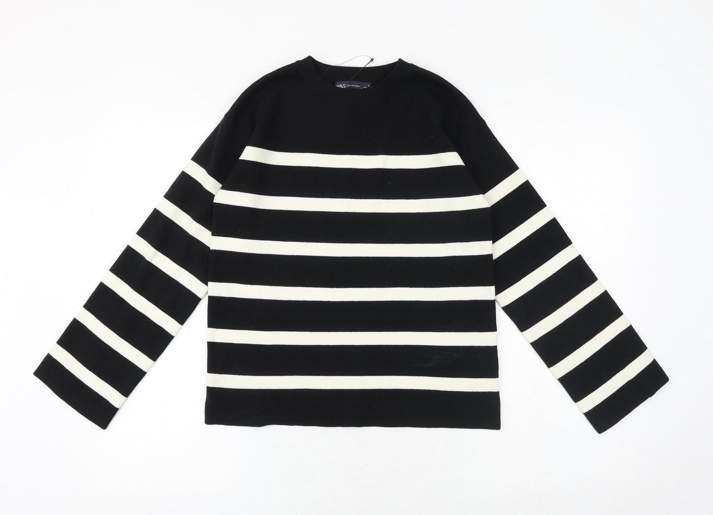 Marks and Spencer Womens Black Round Neck Striped Cotton Pullover Jumper Size S