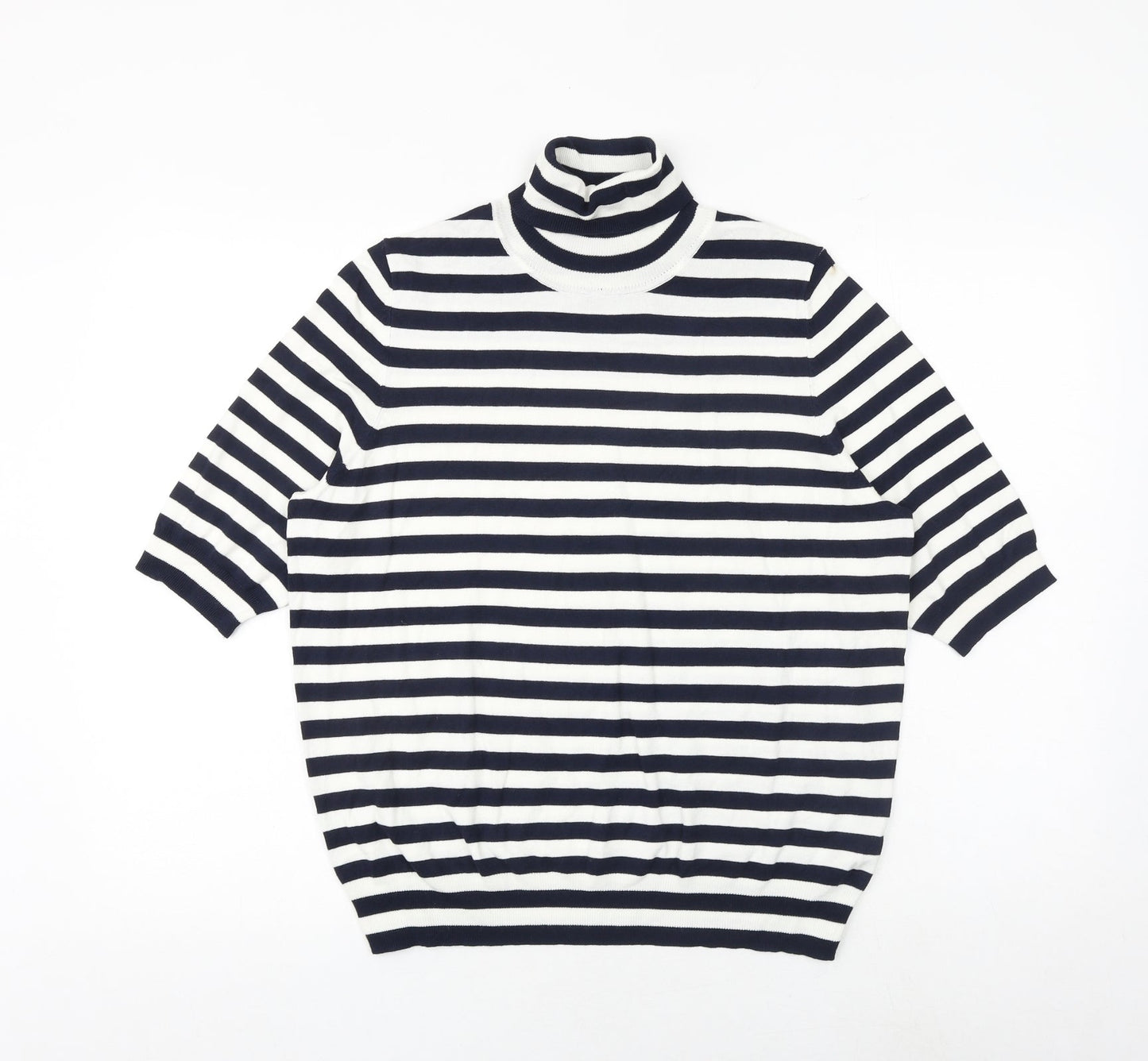Marks and Spencer Womens Blue High Neck Striped Viscose Pullover Jumper Size 16