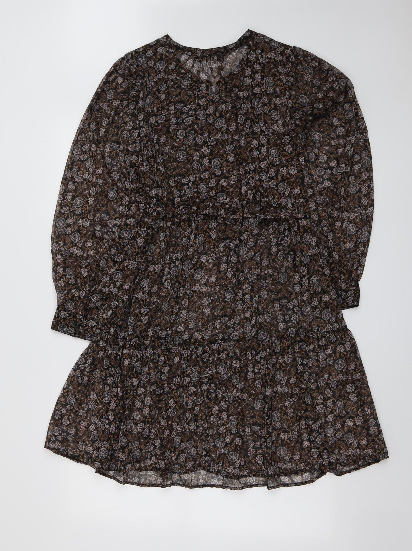 Marks and Spencer Womens Brown Geometric Polyester Shift Size 12 Round Neck Button